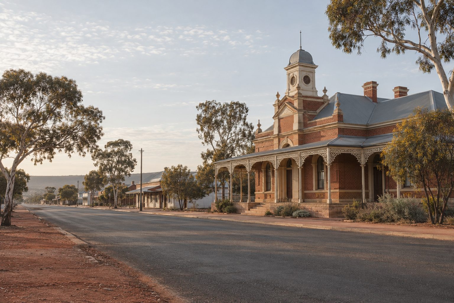 A heritage civic building with a verandah on a wide main street in a regional Western Australian town, in early morning light.